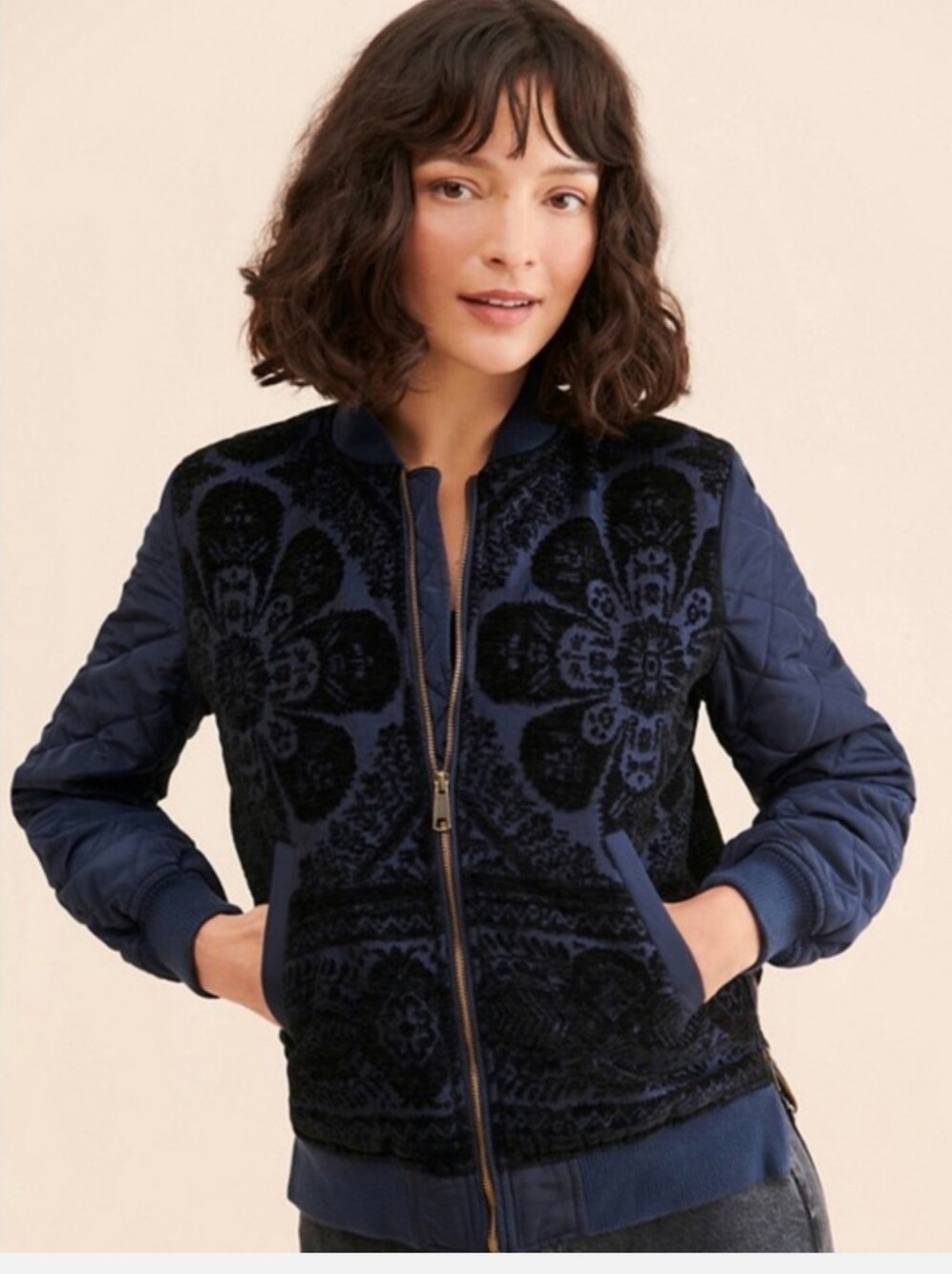 Anthropologie Navy Quilted Velvet-Panel Bomber Jacket